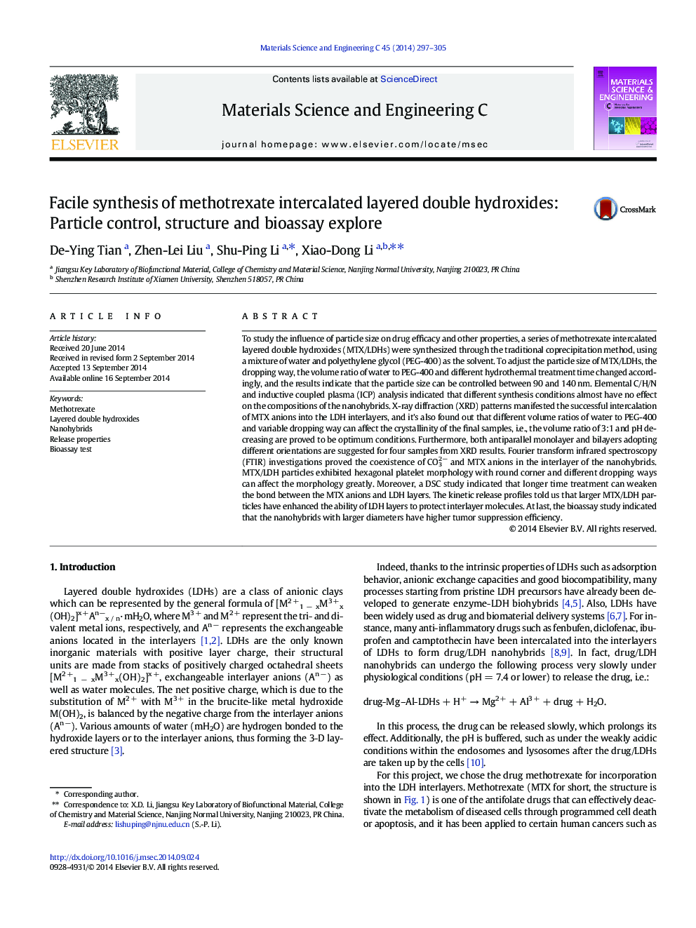 Facile synthesis of methotrexate intercalated layered double hydroxides: Particle control, structure and bioassay explore