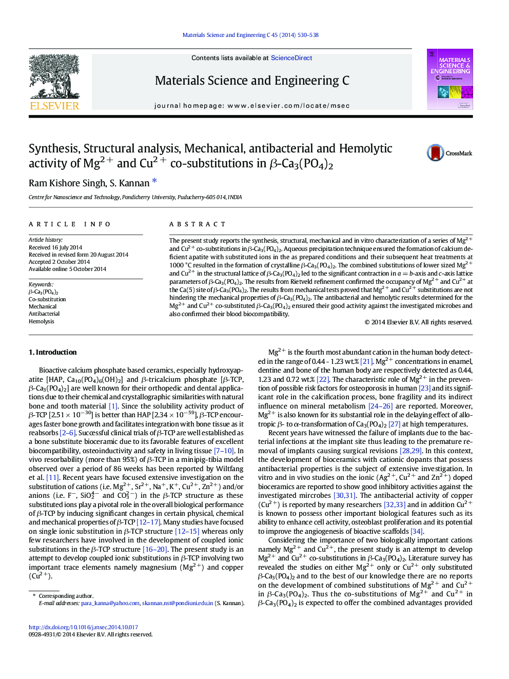 Synthesis, Structural analysis, Mechanical, antibacterial and Hemolytic activity of Mg2 + and Cu2 + co-substitutions in β-Ca3(PO4)2