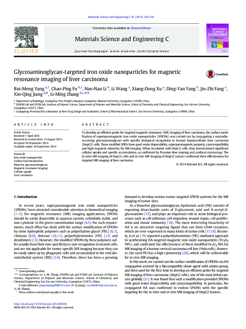 Glycosaminoglycan-targeted iron oxide nanoparticles for magnetic resonance imaging of liver carcinoma