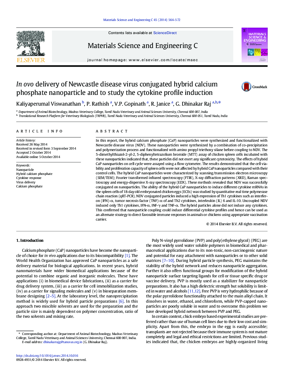 In ovo delivery of Newcastle disease virus conjugated hybrid calcium phosphate nanoparticle and to study the cytokine profile induction