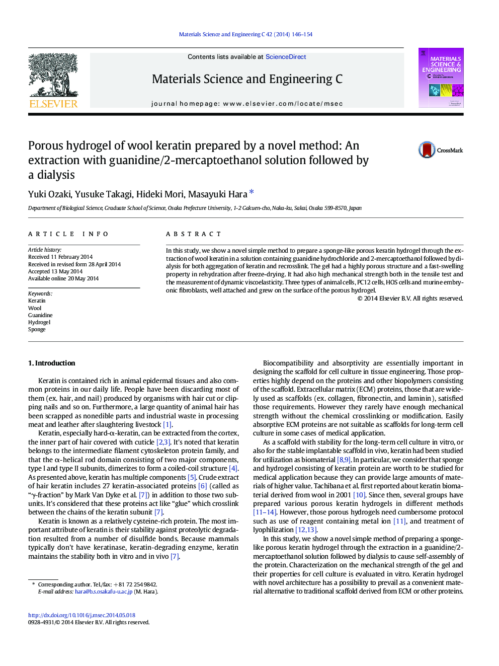 Porous hydrogel of wool keratin prepared by a novel method: An extraction with guanidine/2-mercaptoethanol solution followed by a dialysis