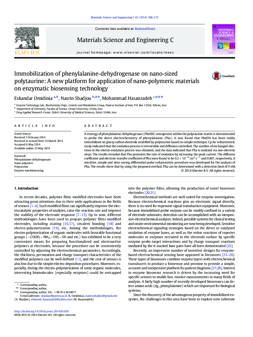 Immobilization of phenylalanine-dehydrogenase on nano-sized polytaurine: A new platform for application of nano-polymeric materials on enzymatic biosensing technology