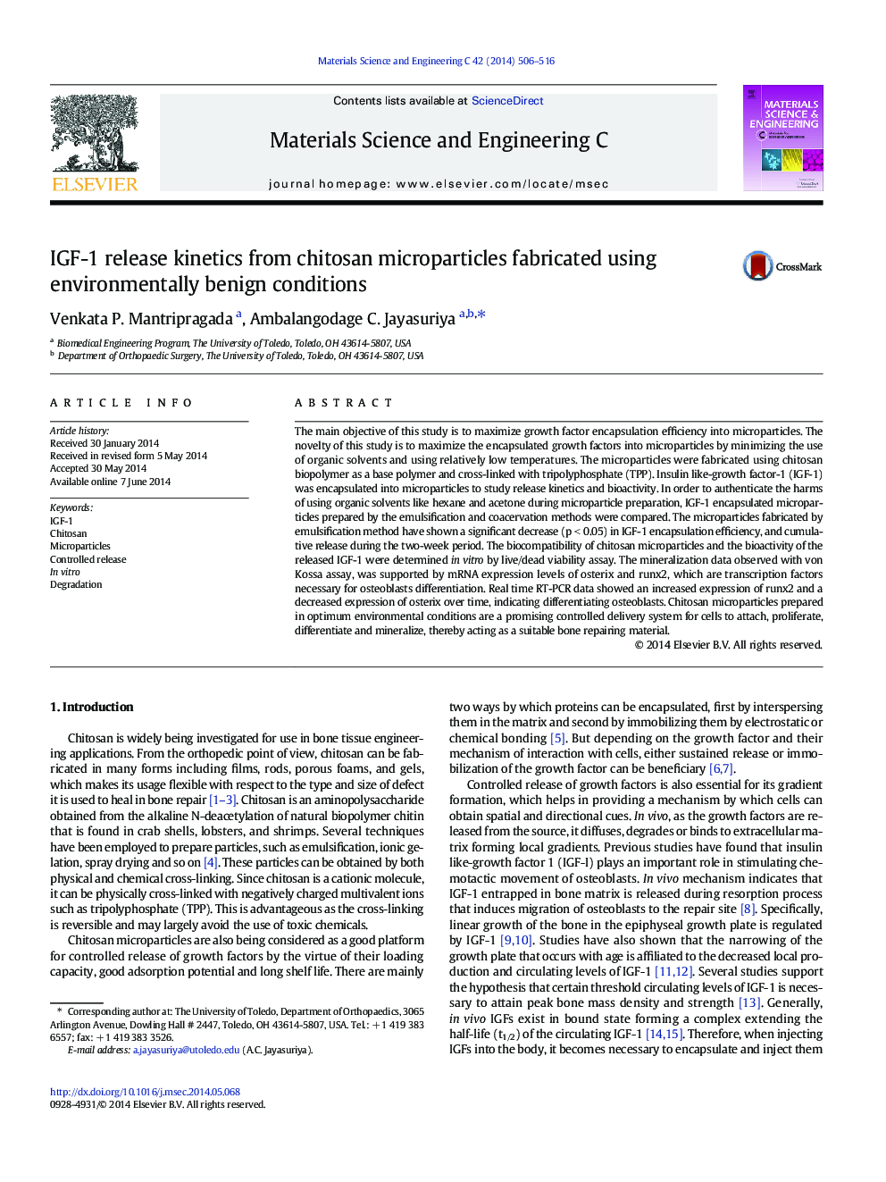 IGF-1 release kinetics from chitosan microparticles fabricated using environmentally benign conditions