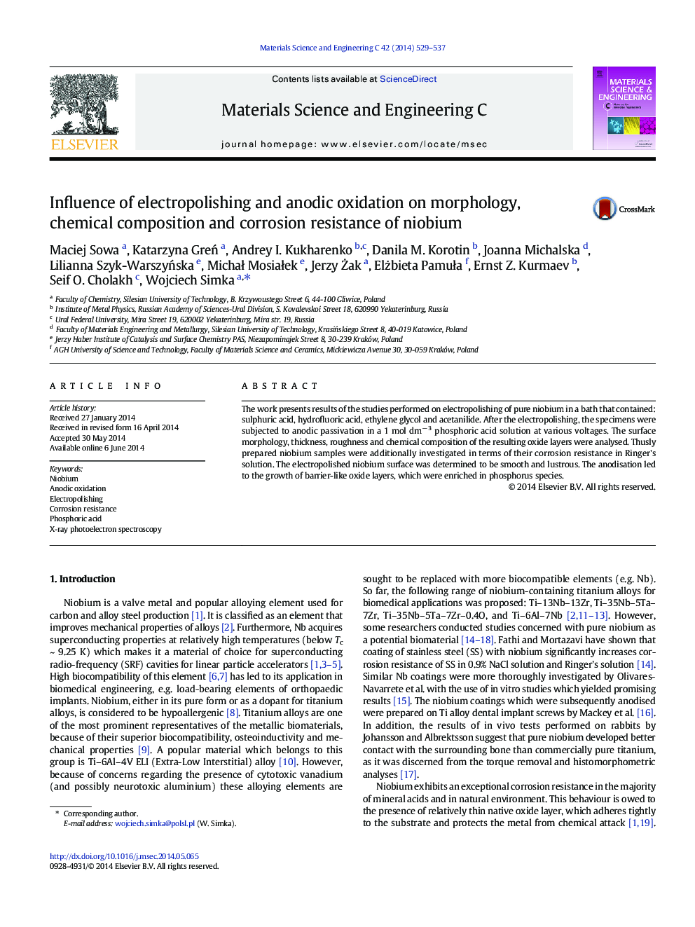 Influence of electropolishing and anodic oxidation on morphology, chemical composition and corrosion resistance of niobium