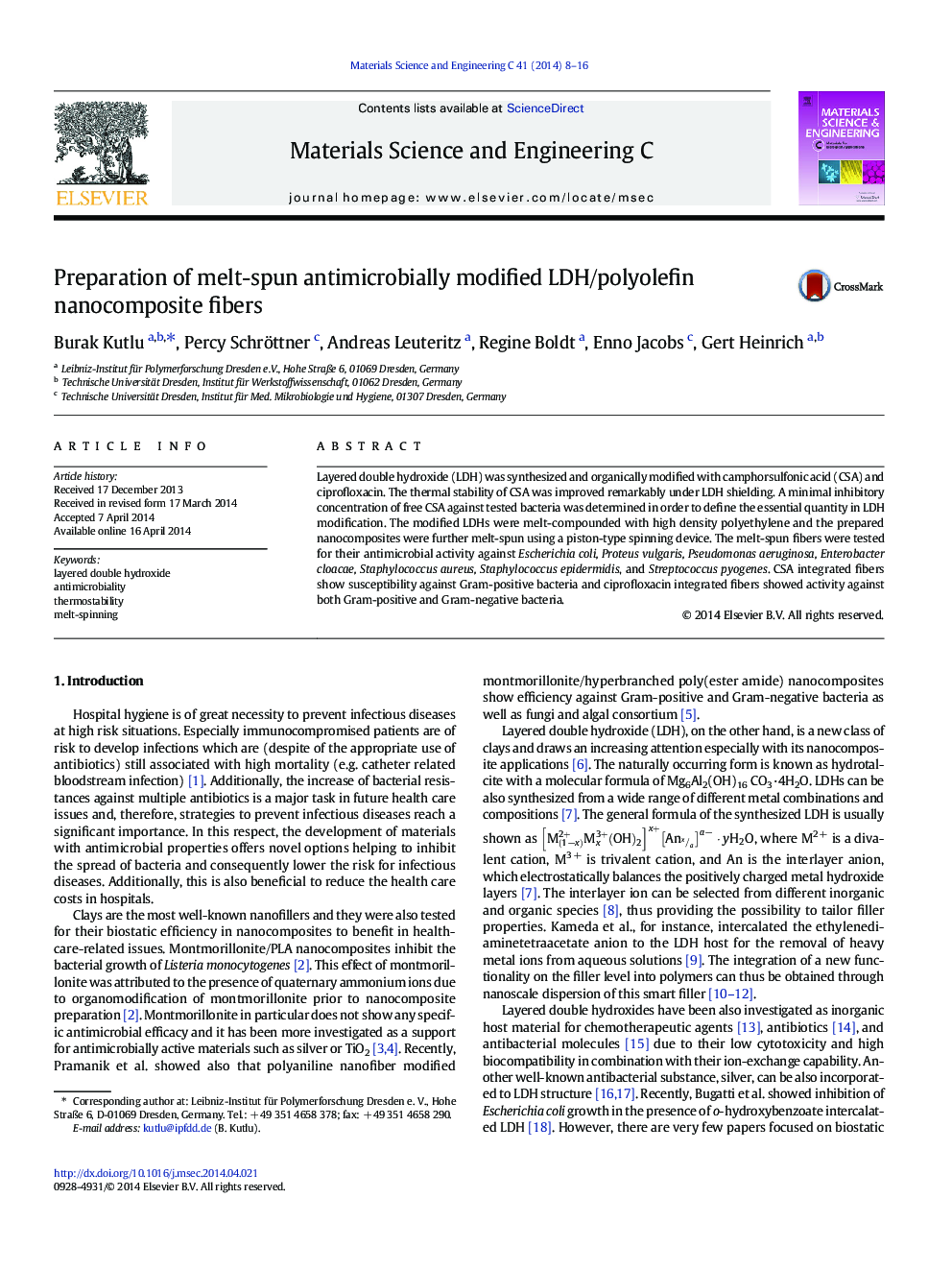 Preparation of melt-spun antimicrobially modified LDH/polyolefin nanocomposite fibers