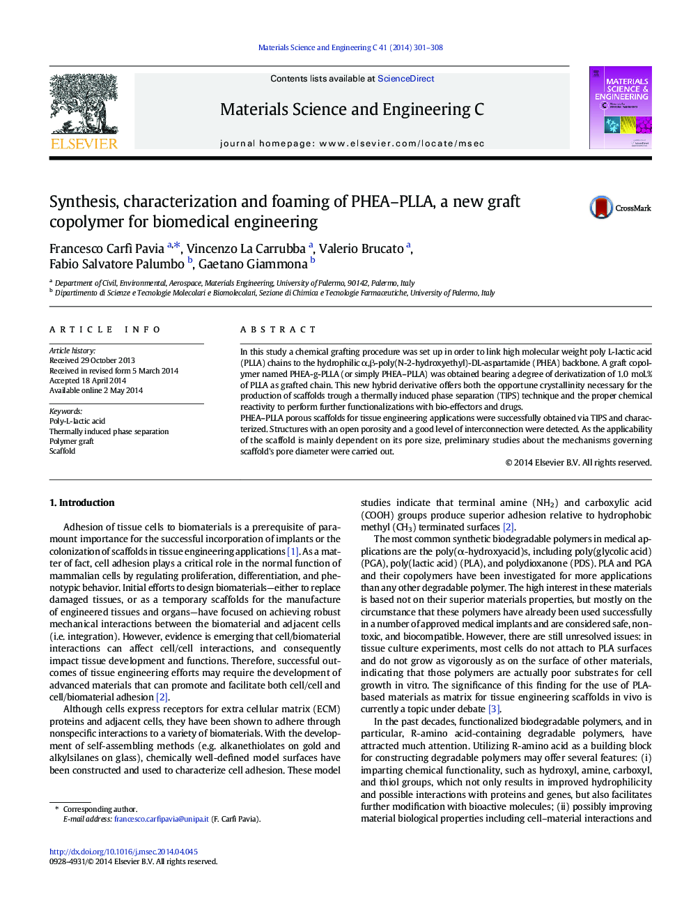 Synthesis, characterization and foaming of PHEA–PLLA, a new graft copolymer for biomedical engineering