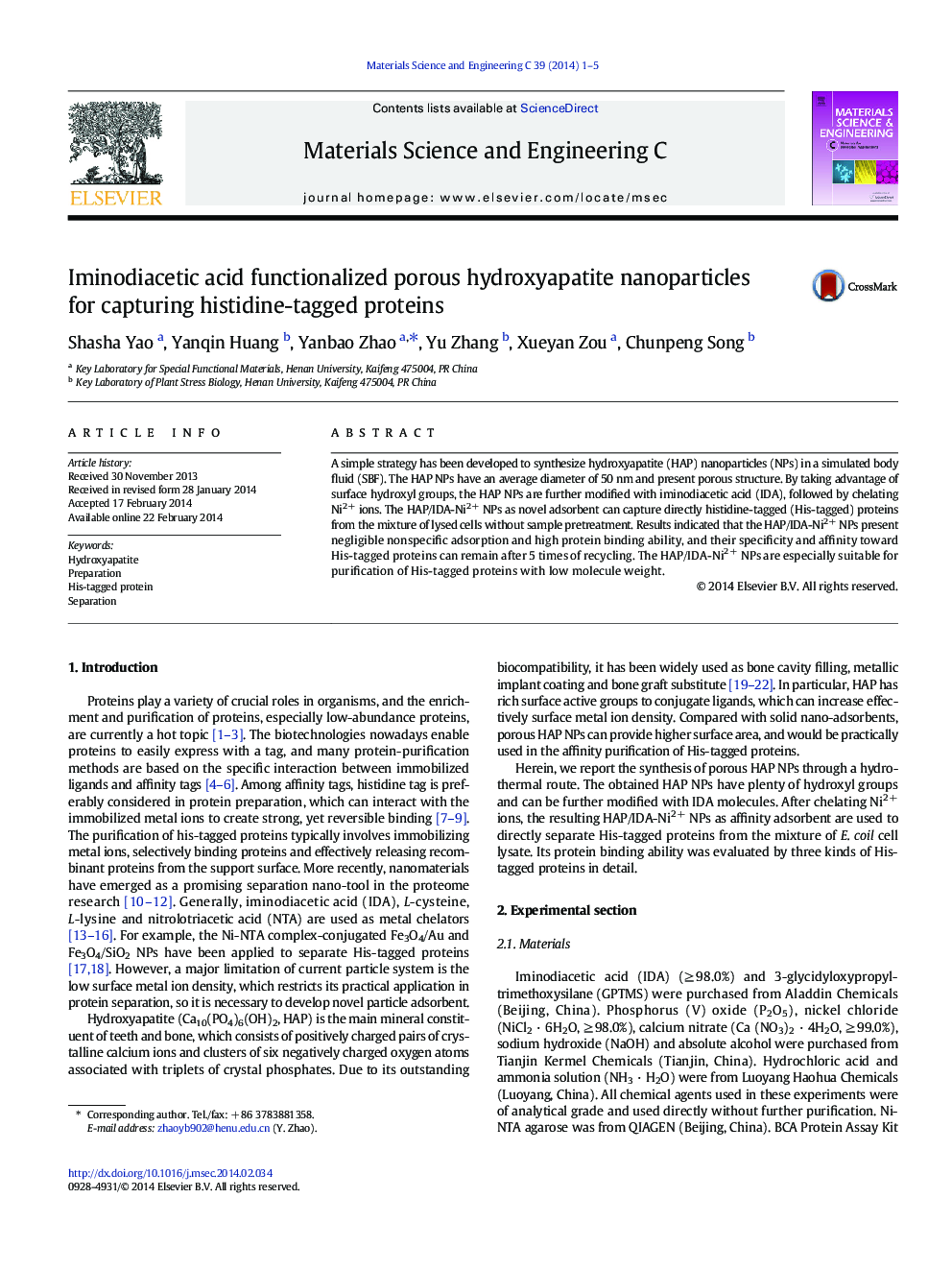 Iminodiacetic acid functionalized porous hydroxyapatite nanoparticles for capturing histidine-tagged proteins