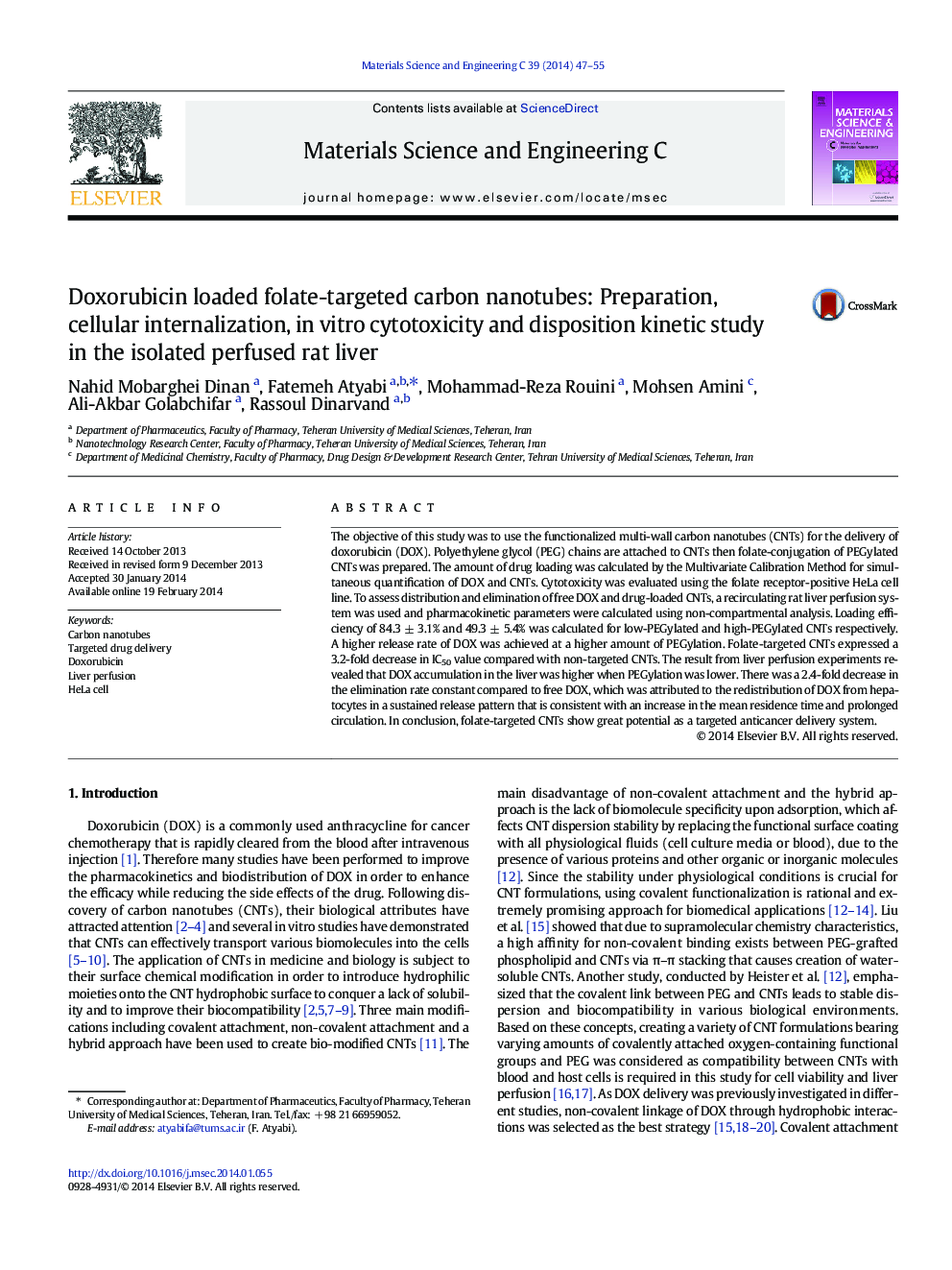 Doxorubicin loaded folate-targeted carbon nanotubes: Preparation, cellular internalization, in vitro cytotoxicity and disposition kinetic study in the isolated perfused rat liver