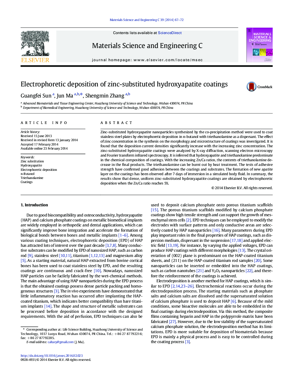 Electrophoretic deposition of zinc-substituted hydroxyapatite coatings