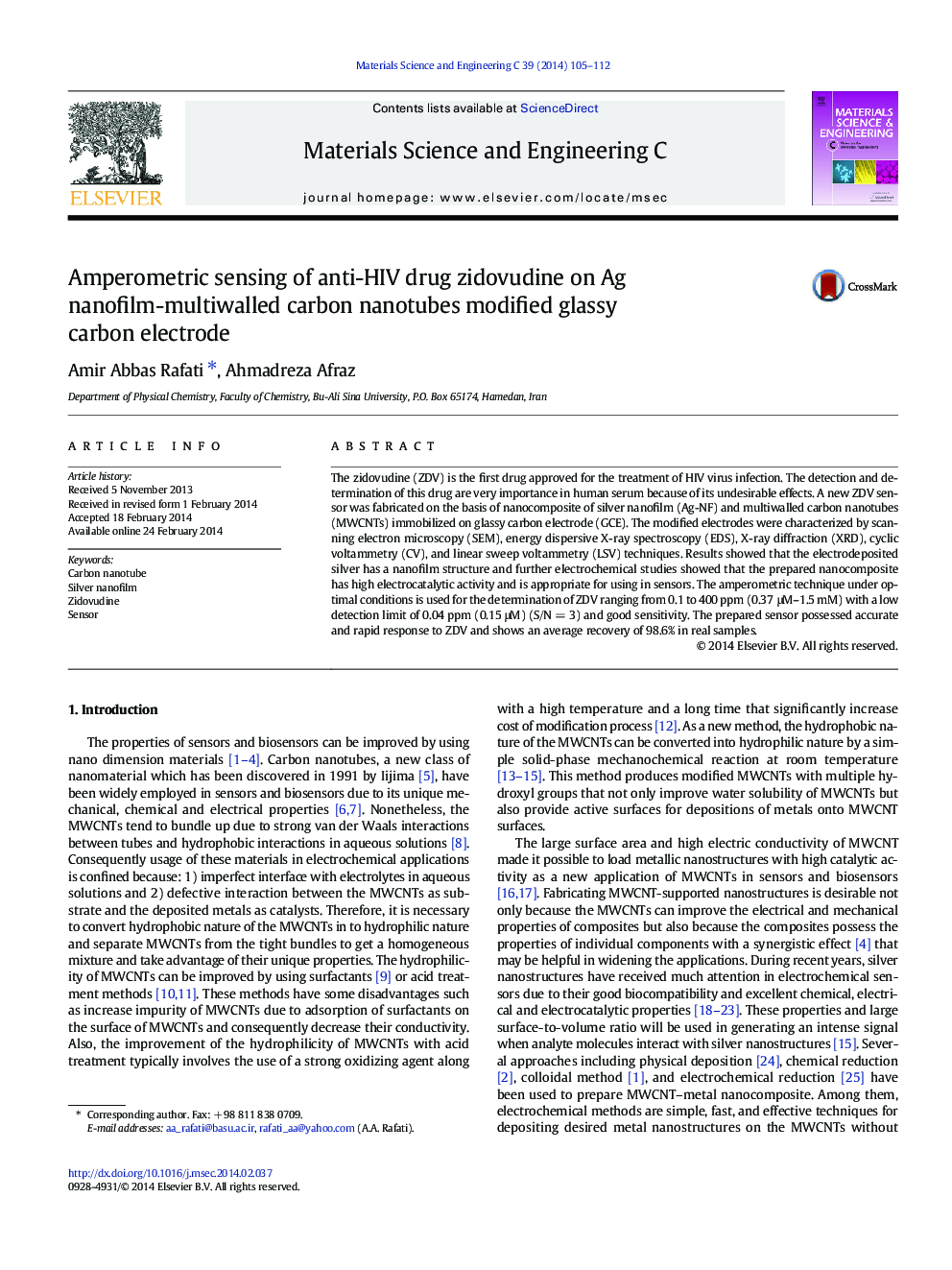 Amperometric sensing of anti-HIV drug zidovudine on Ag nanofilm-multiwalled carbon nanotubes modified glassy carbon electrode