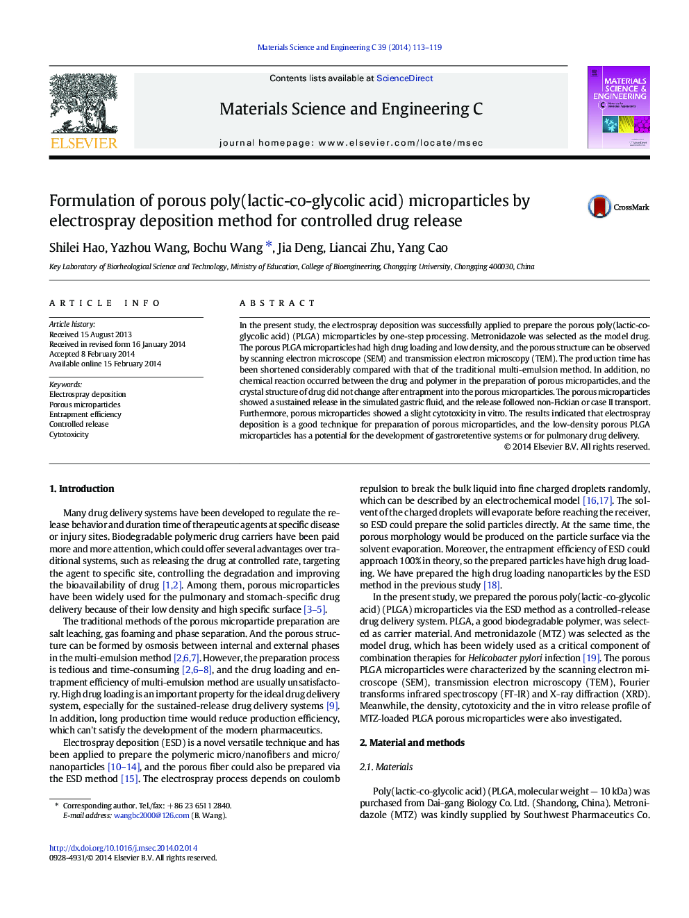 Formulation of porous poly(lactic-co-glycolic acid) microparticles by electrospray deposition method for controlled drug release