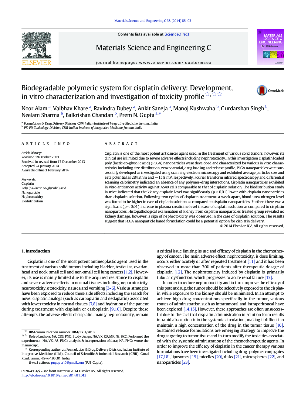 Biodegradable polymeric system for cisplatin delivery: Development, in vitro characterization and investigation of toxicity profile 