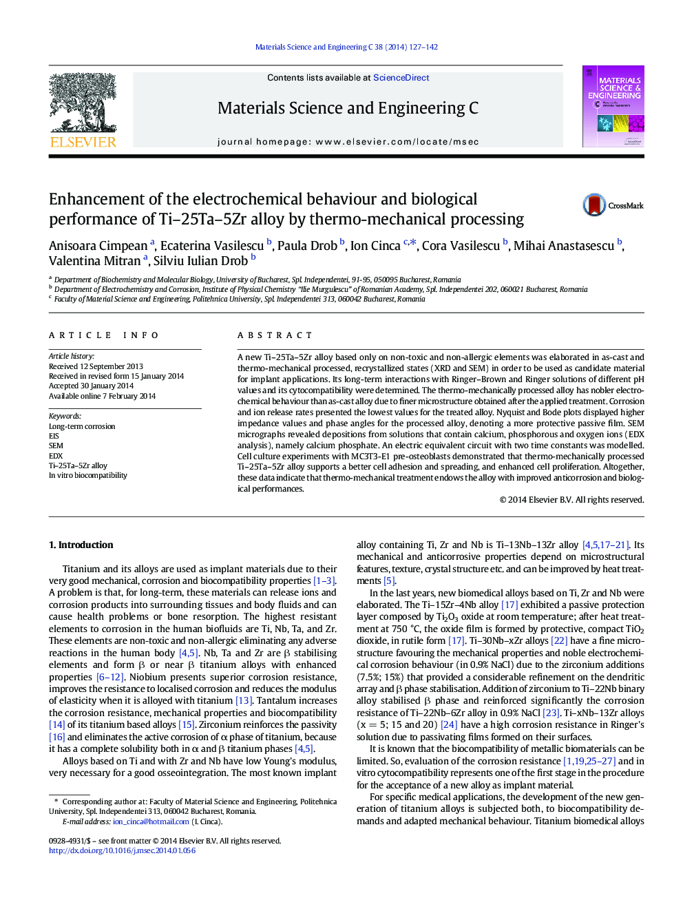 Enhancement of the electrochemical behaviour and biological performance of Ti–25Ta–5Zr alloy by thermo-mechanical processing