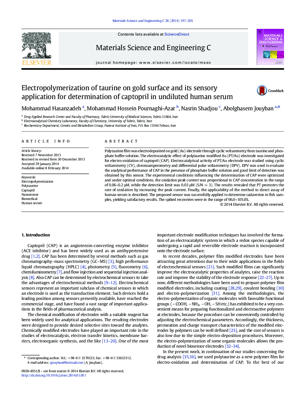 Electropolymerization of taurine on gold surface and its sensory application for determination of captopril in undiluted human serum