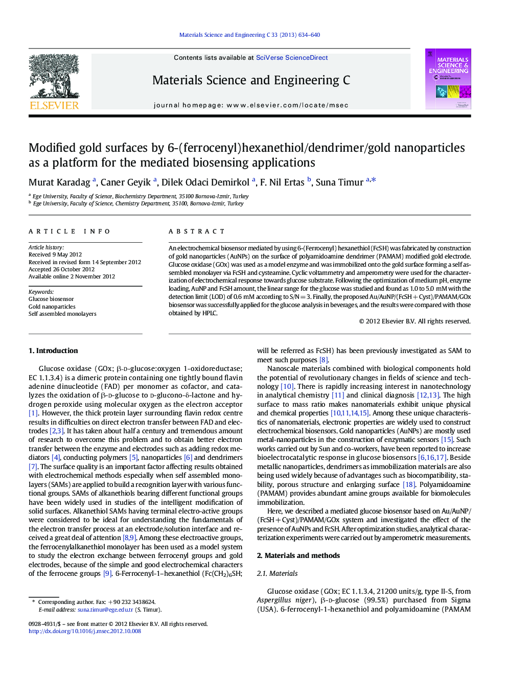 Modified gold surfaces by 6-(ferrocenyl)hexanethiol/dendrimer/gold nanoparticles as a platform for the mediated biosensing applications