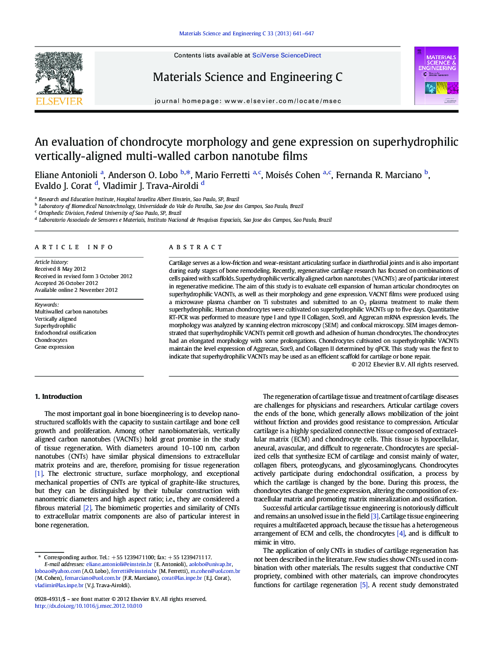 An evaluation of chondrocyte morphology and gene expression on superhydrophilic vertically-aligned multi-walled carbon nanotube films