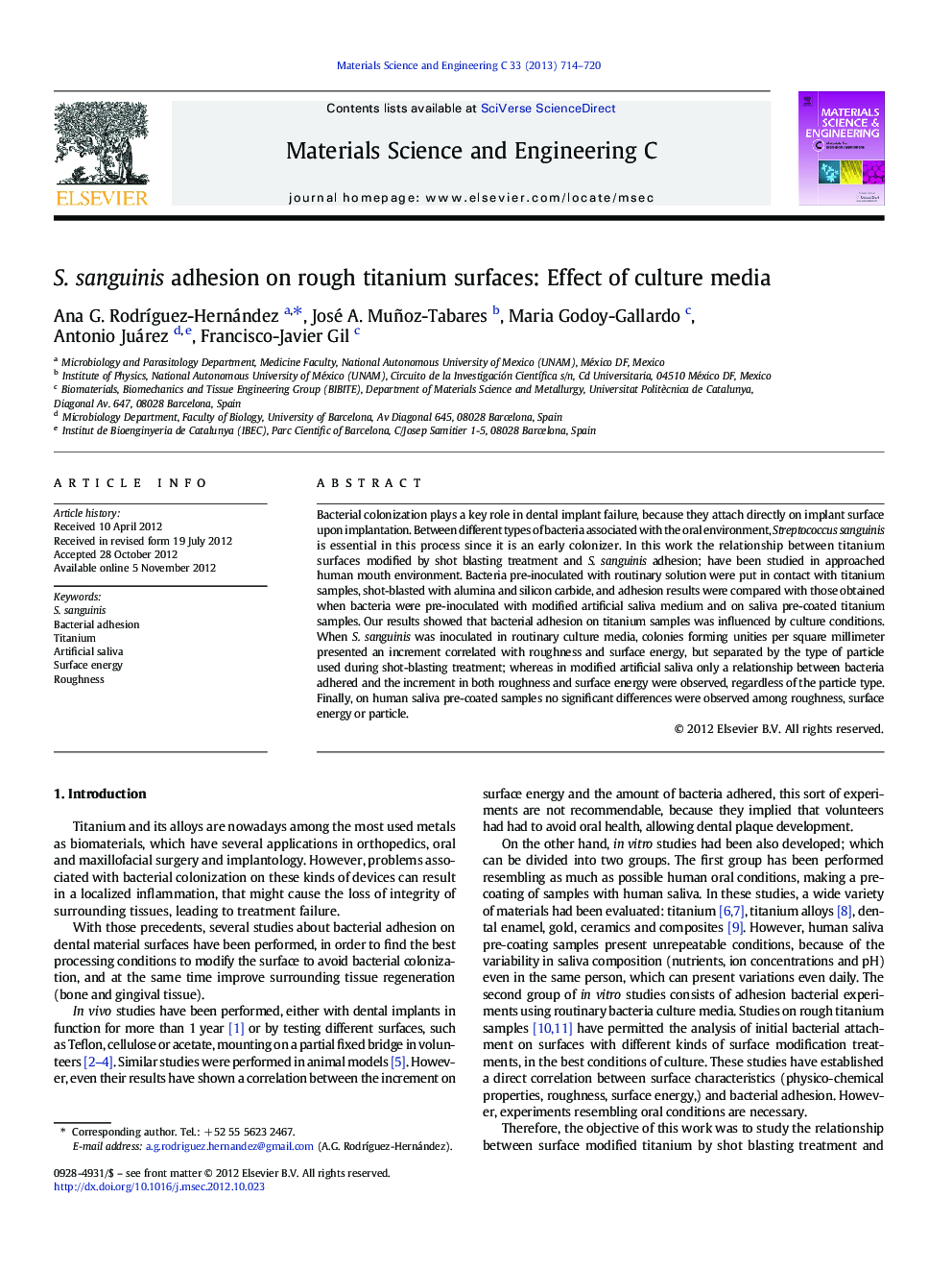 S. sanguinis adhesion on rough titanium surfaces: Effect of culture media