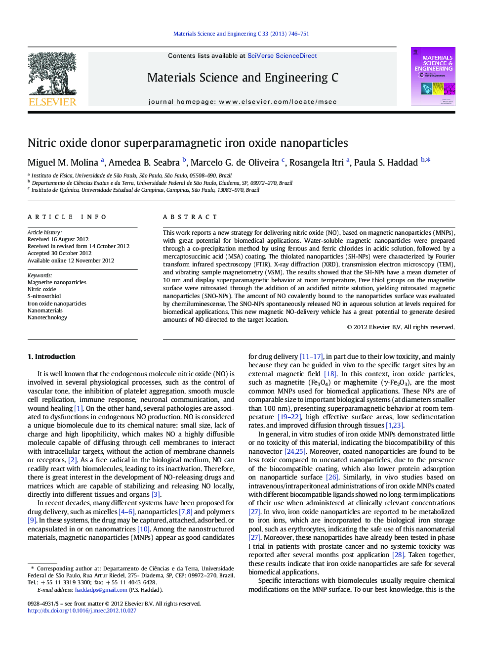 Nitric oxide donor superparamagnetic iron oxide nanoparticles