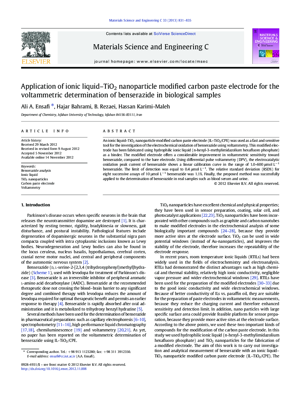 Application of ionic liquid–TiO2 nanoparticle modified carbon paste electrode for the voltammetric determination of benserazide in biological samples