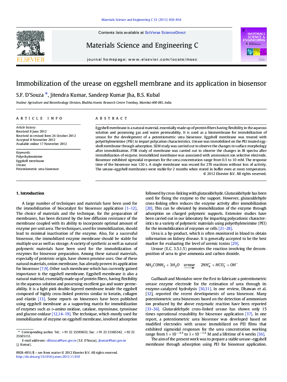 Immobilization of the urease on eggshell membrane and its application in biosensor