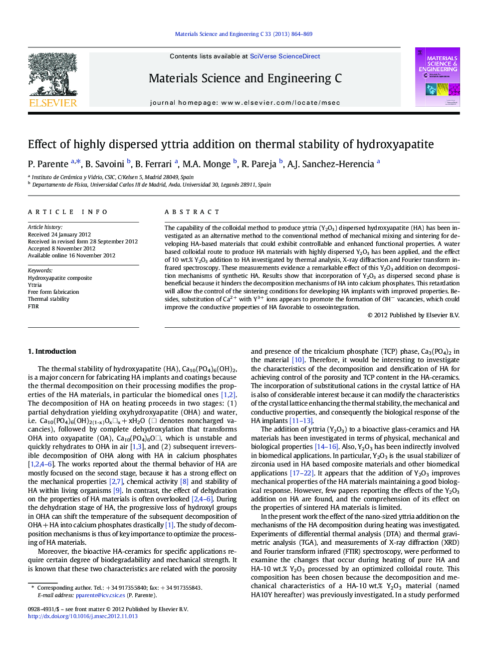 Effect of highly dispersed yttria addition on thermal stability of hydroxyapatite