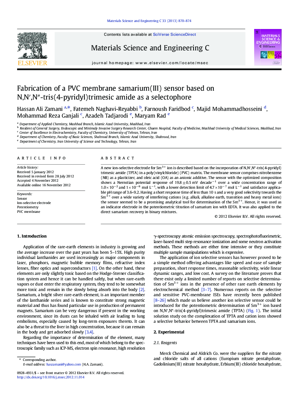 Fabrication of a PVC membrane samarium(III) sensor based on N,N′,N″-tris(4-pyridyl)trimesic amide as a selectophore