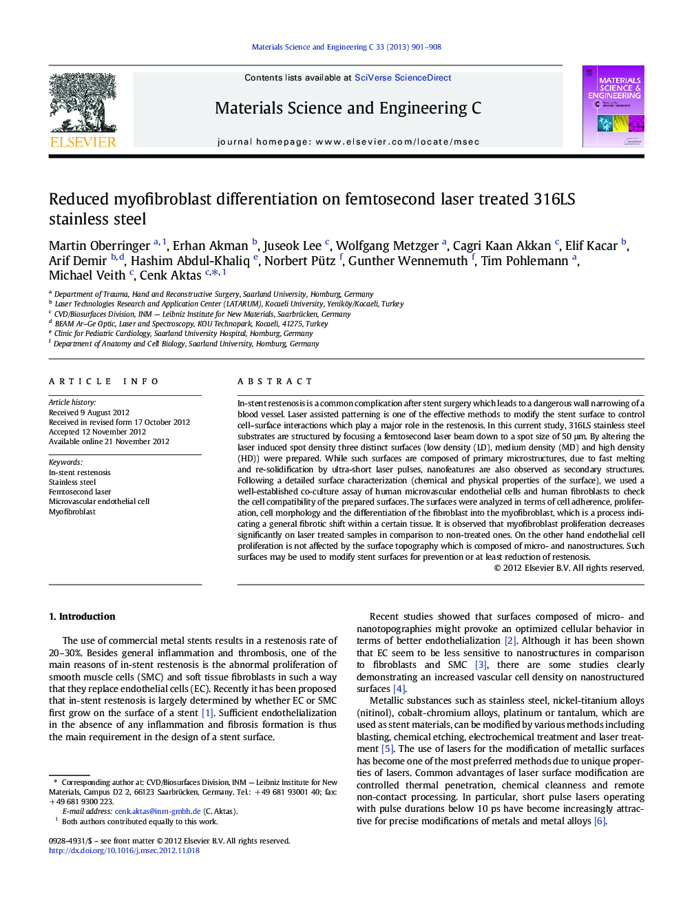 Reduced myofibroblast differentiation on femtosecond laser treated 316LS stainless steel