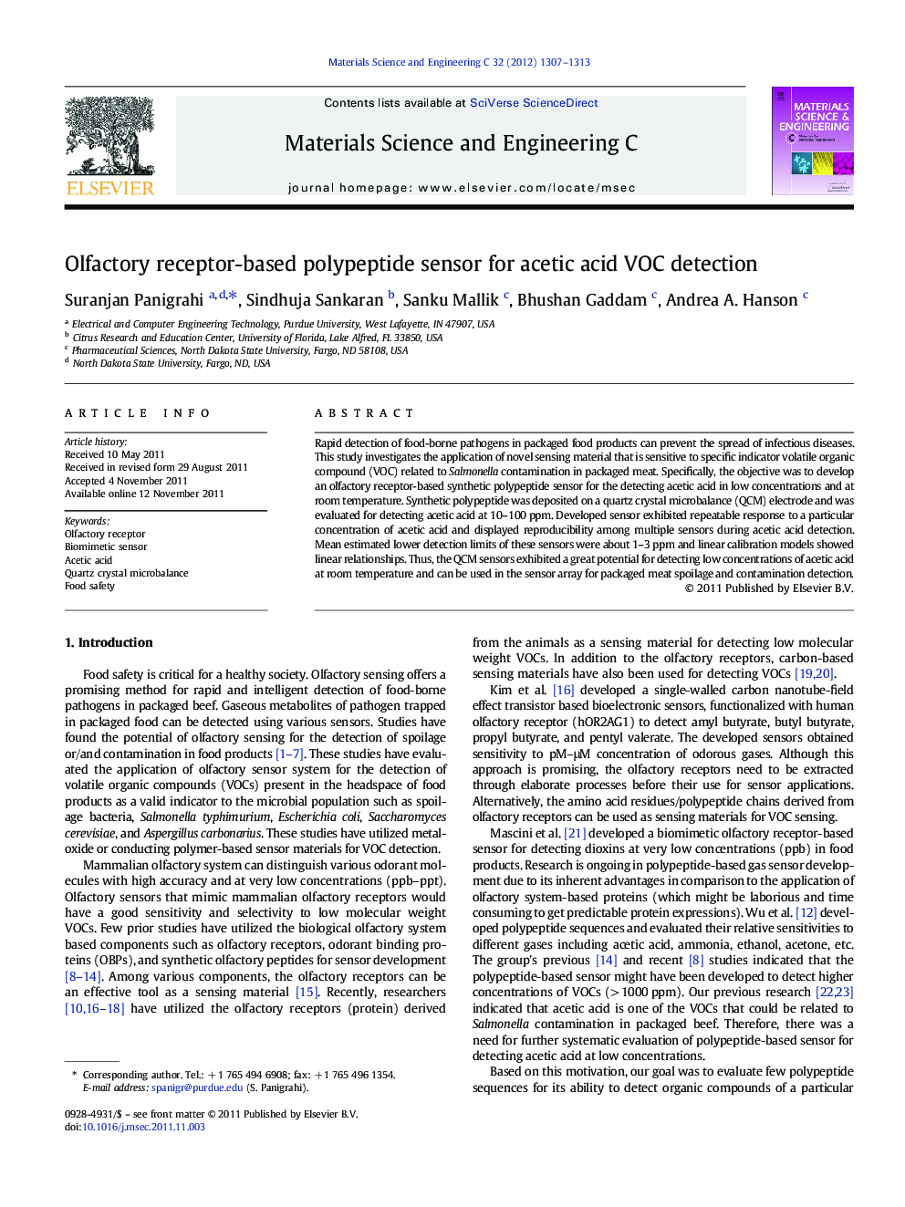 Olfactory receptor-based polypeptide sensor for acetic acid VOC detection