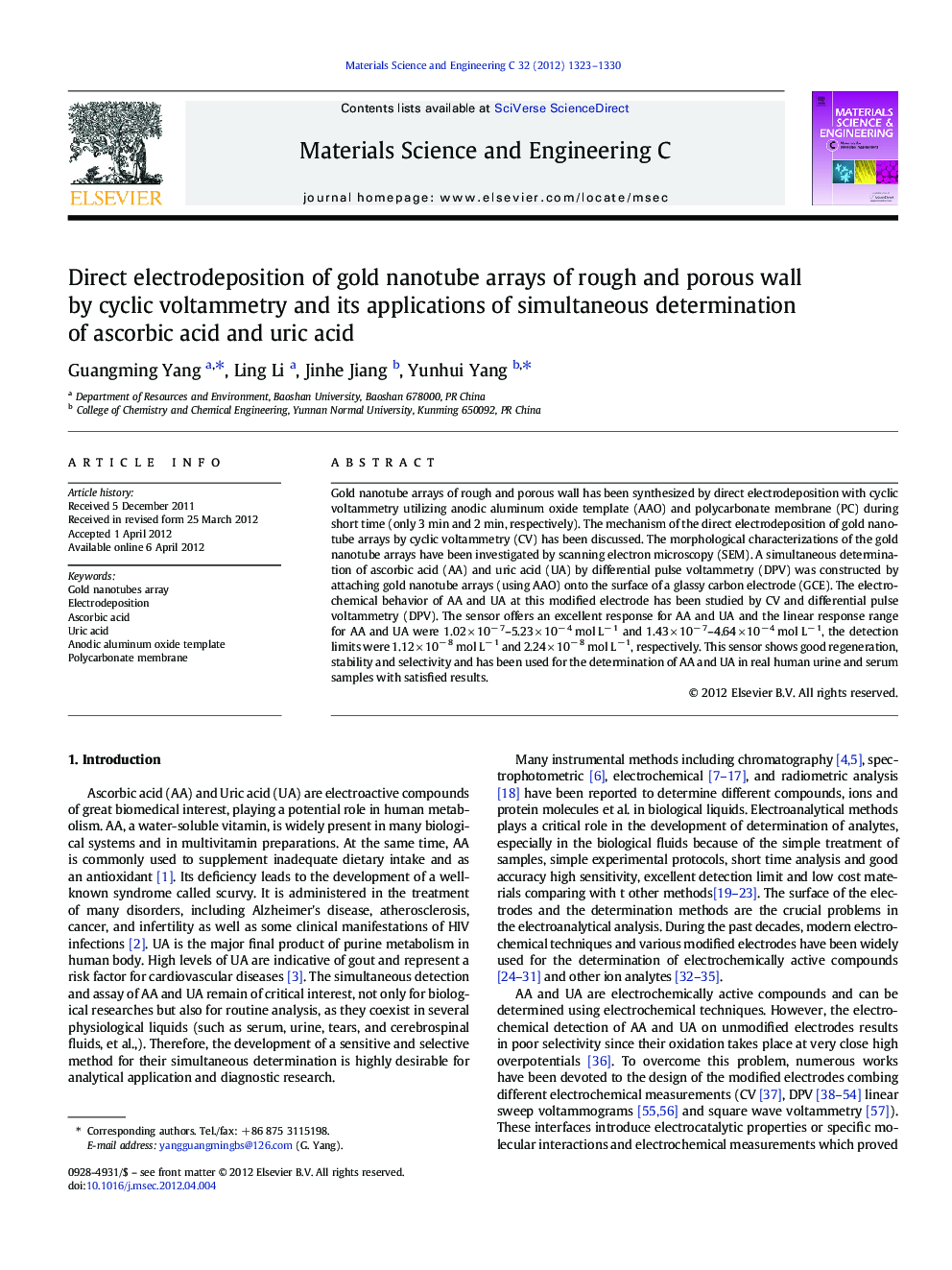 Direct electrodeposition of gold nanotube arrays of rough and porous wall by cyclic voltammetry and its applications of simultaneous determination of ascorbic acid and uric acid