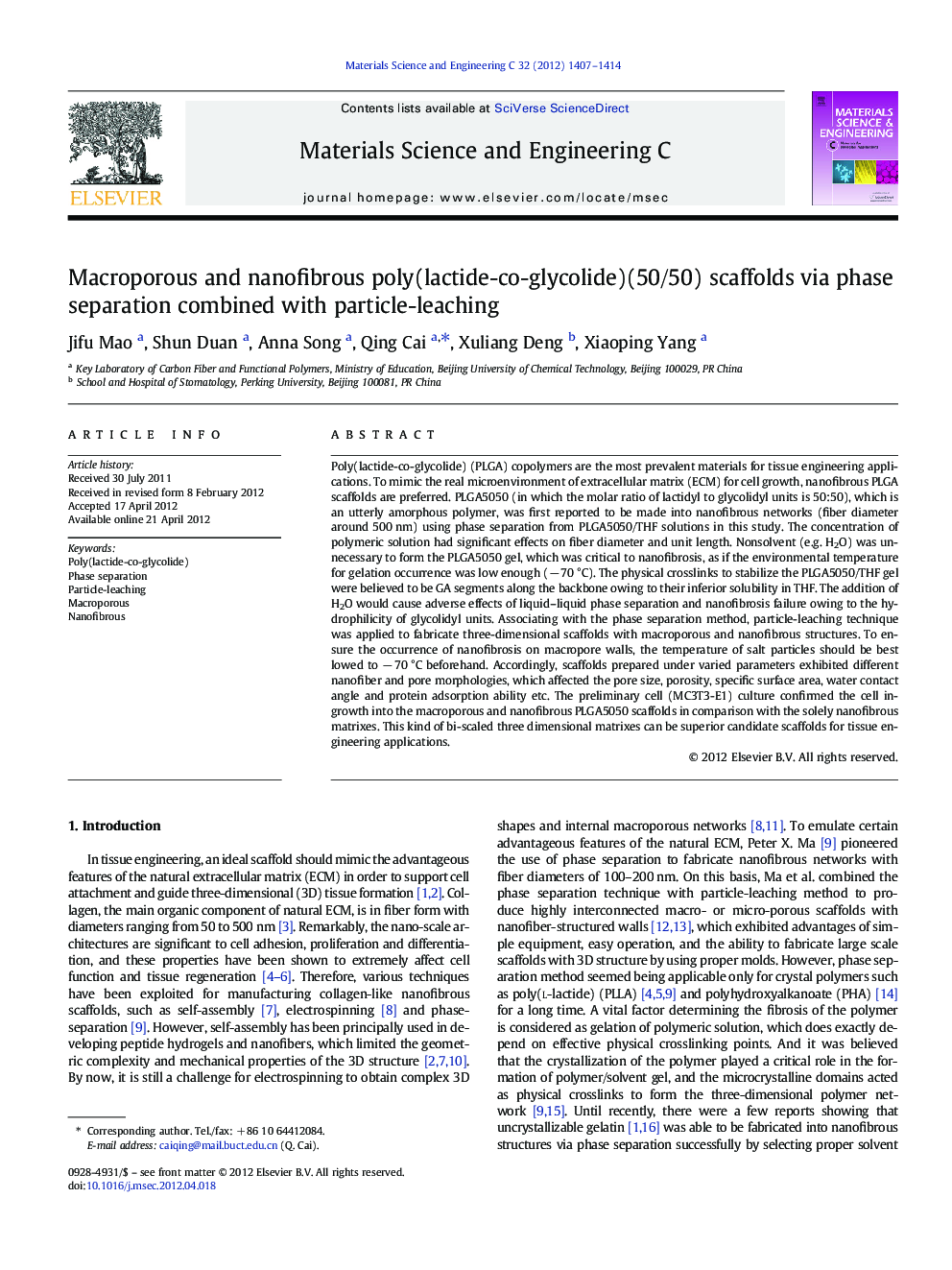 Macroporous and nanofibrous poly(lactide-co-glycolide)(50/50) scaffolds via phase separation combined with particle-leaching