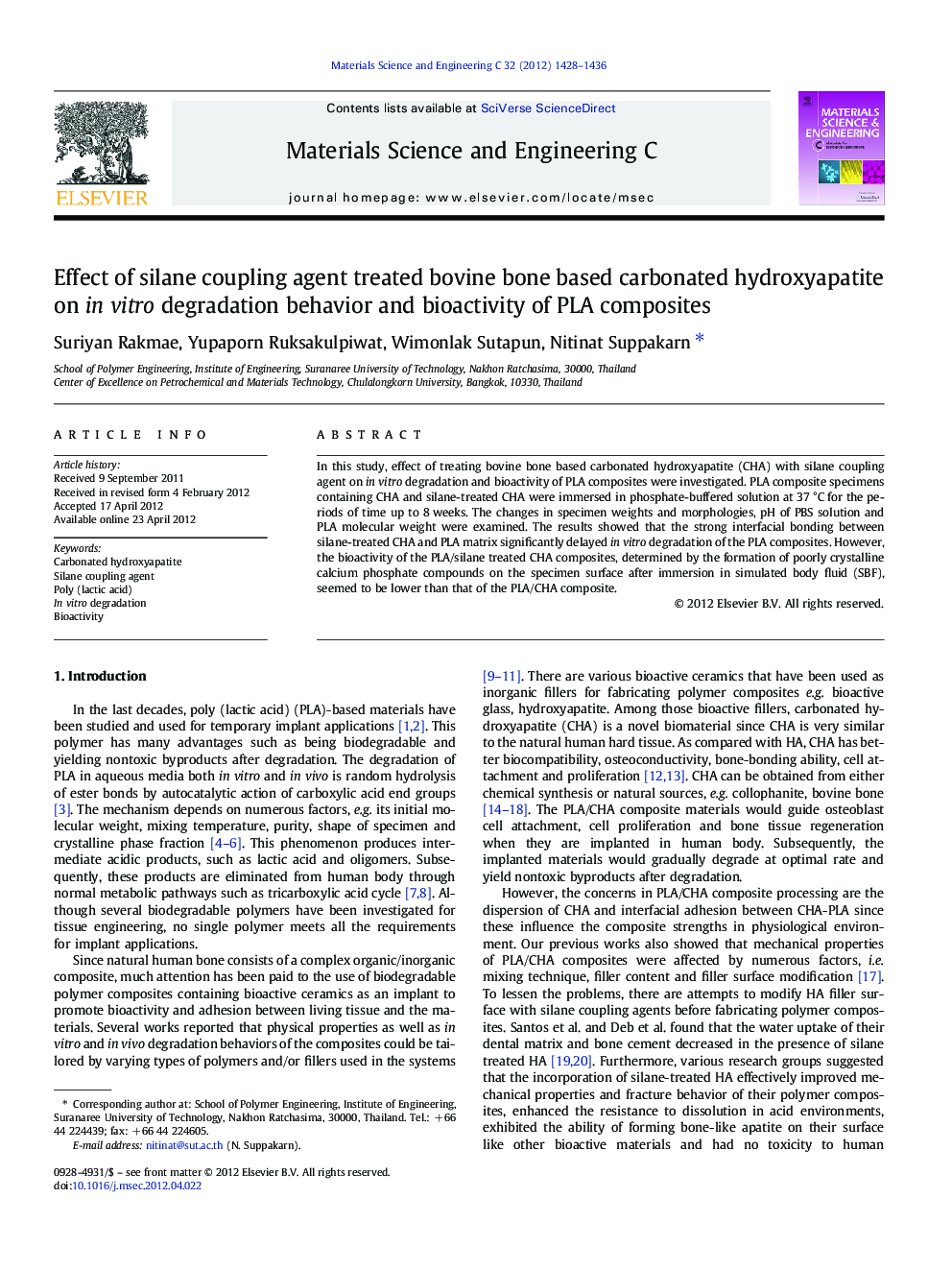 Effect of silane coupling agent treated bovine bone based carbonated hydroxyapatite on in vitro degradation behavior and bioactivity of PLA composites