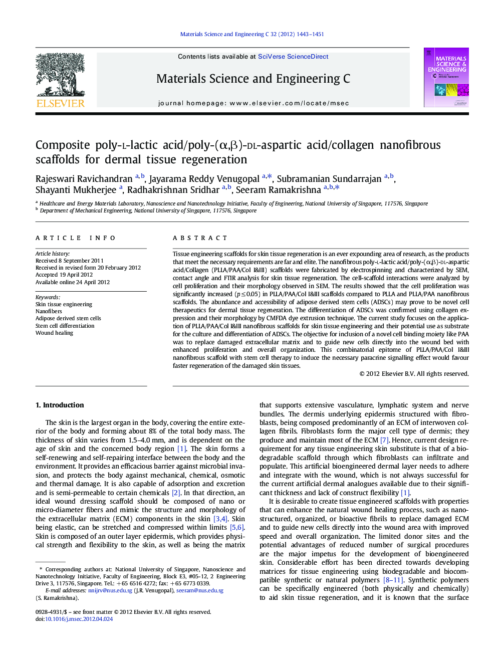 Composite poly-l-lactic acid/poly-(α,β)-dl-aspartic acid/collagen nanofibrous scaffolds for dermal tissue regeneration