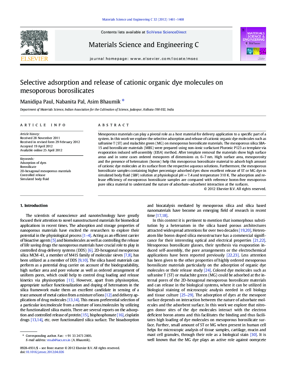 Selective adsorption and release of cationic organic dye molecules on mesoporous borosilicates