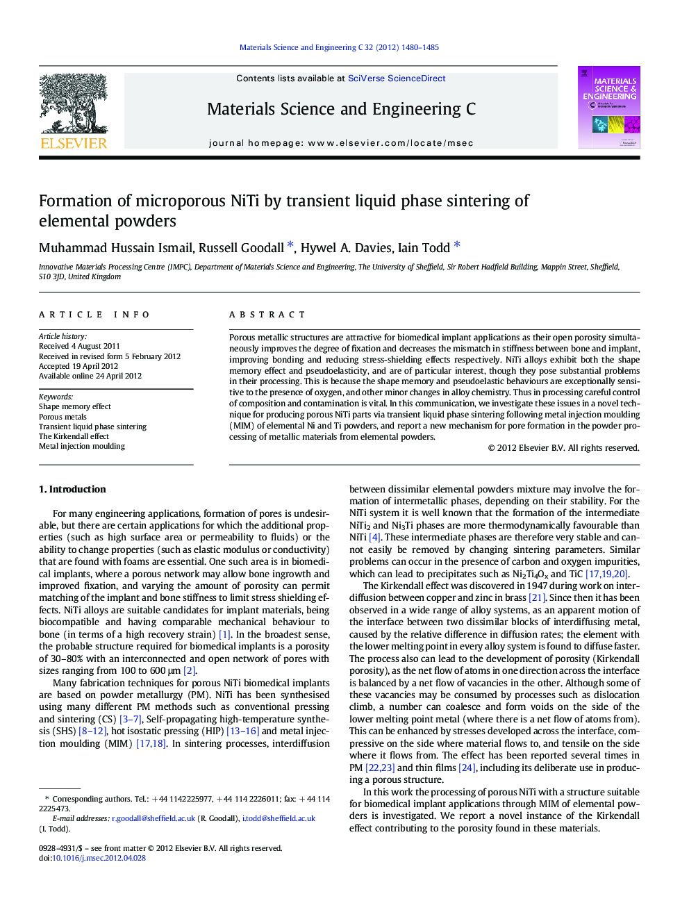 Formation of microporous NiTi by transient liquid phase sintering of elemental powders