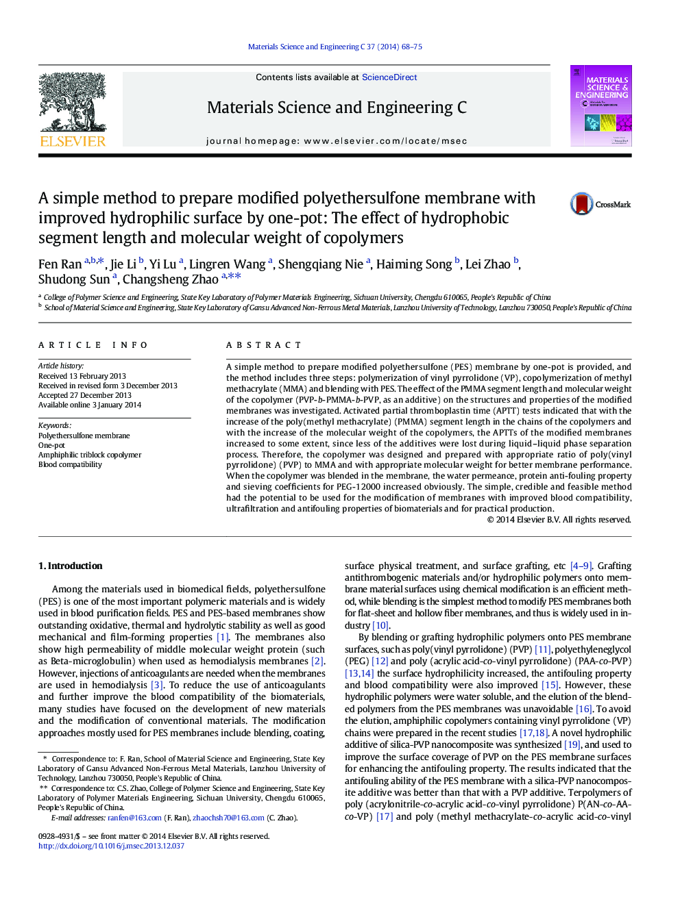 A simple method to prepare modified polyethersulfone membrane with improved hydrophilic surface by one-pot: The effect of hydrophobic segment length and molecular weight of copolymers