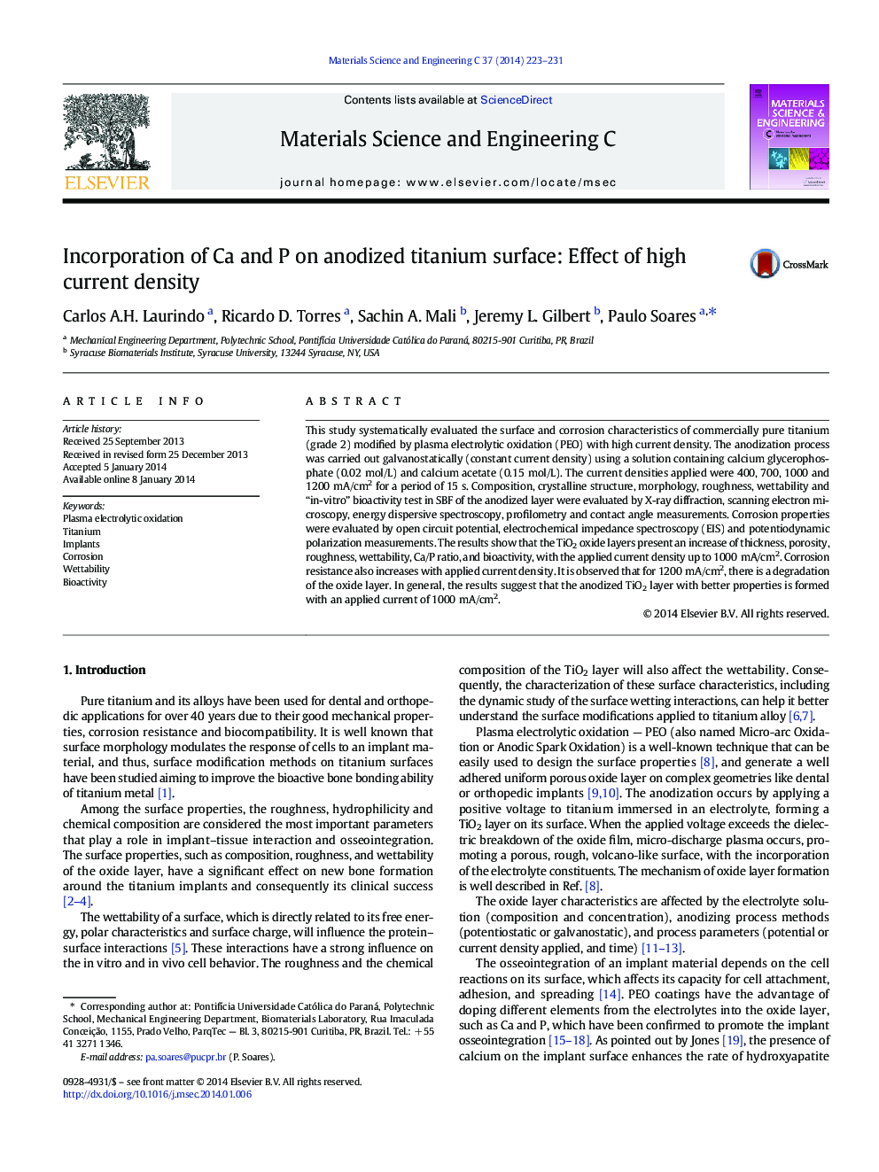 Incorporation of Ca and P on anodized titanium surface: Effect of high current density