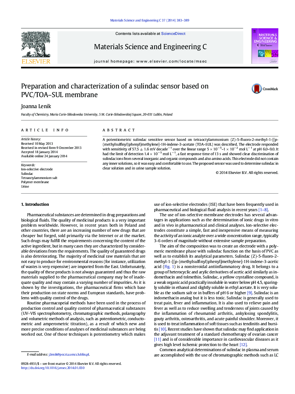 Preparation and characterization of a sulindac sensor based on PVC/TOA–SUL membrane