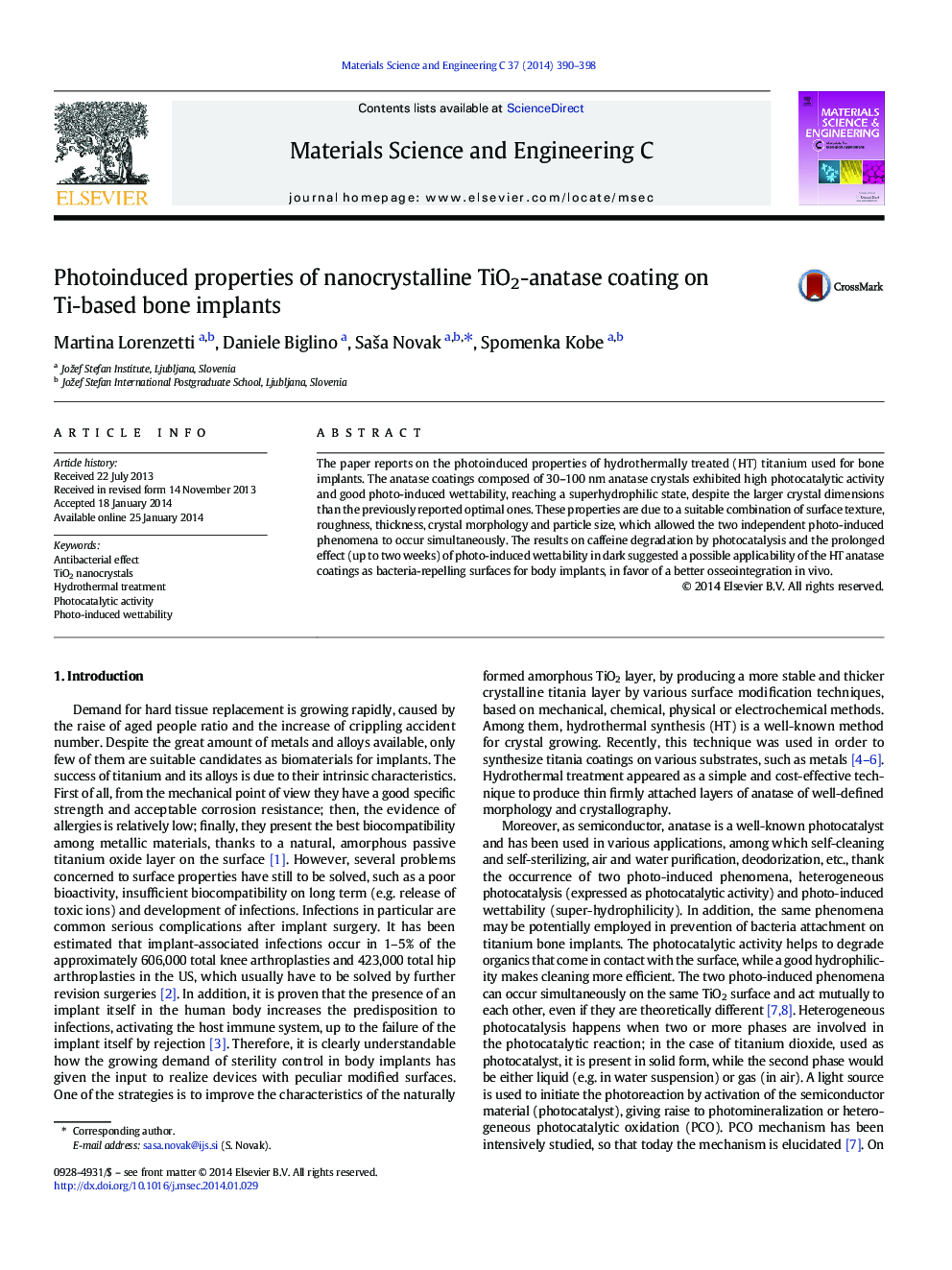 Photoinduced properties of nanocrystalline TiO2-anatase coating on Ti-based bone implants