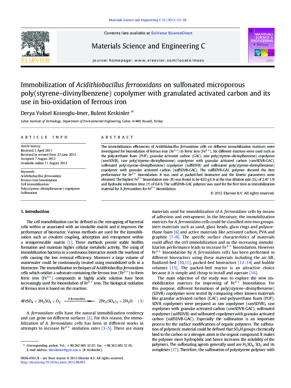 Immobilization of Acidithiobacillus ferrooxidans on sulfonated microporous poly(styrene–divinylbenzene) copolymer with granulated activated carbon and its use in bio-oxidation of ferrous iron