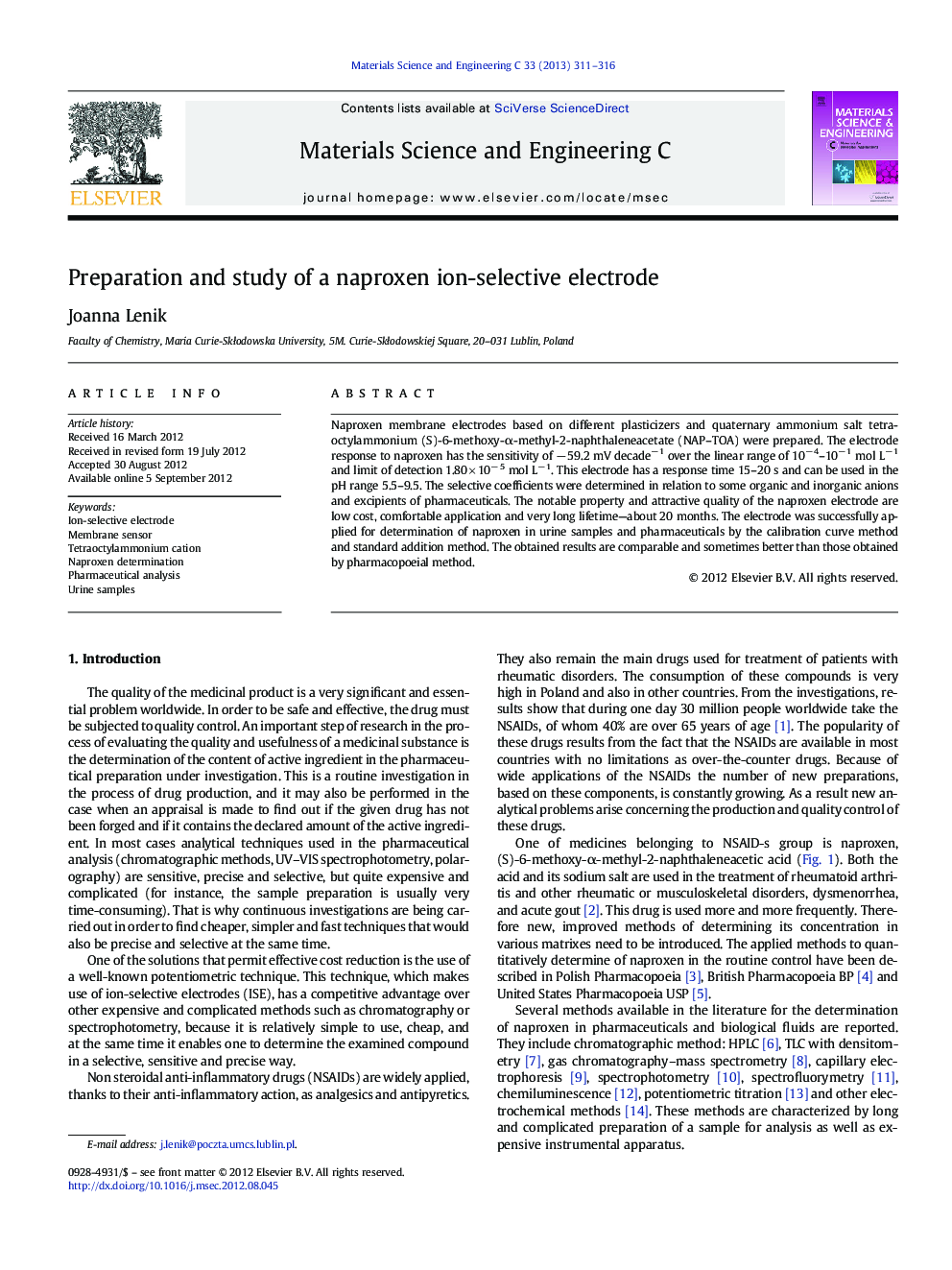 Preparation and study of a naproxen ion-selective electrode