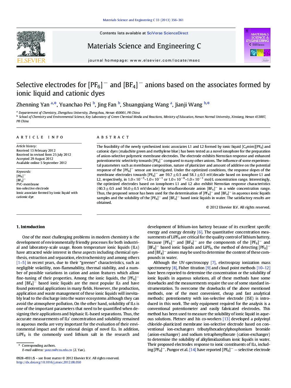 Selective electrodes for [PF6]− and [BF4]− anions based on the associates formed by ionic liquid and cationic dyes