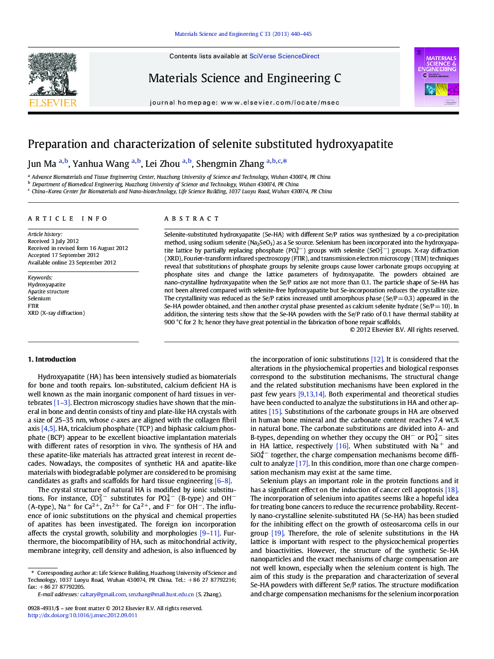 Preparation and characterization of selenite substituted hydroxyapatite