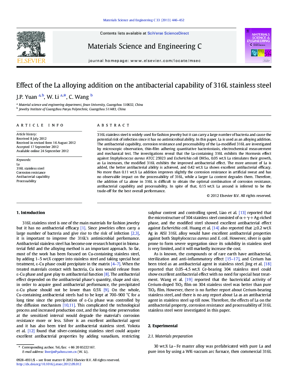 Effect of the La alloying addition on the antibacterial capability of 316L stainless steel