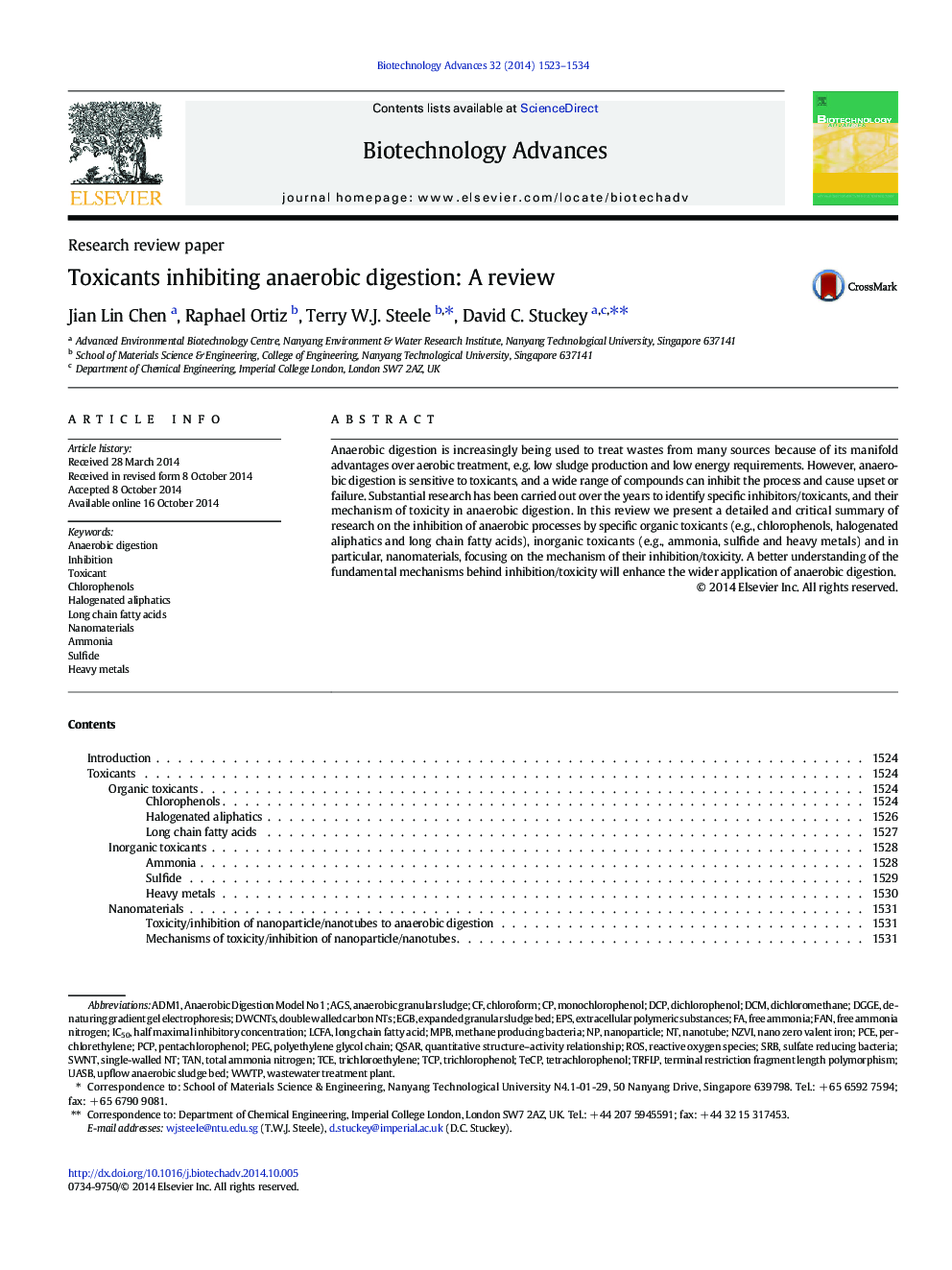 Toxicants inhibiting anaerobic digestion: A review