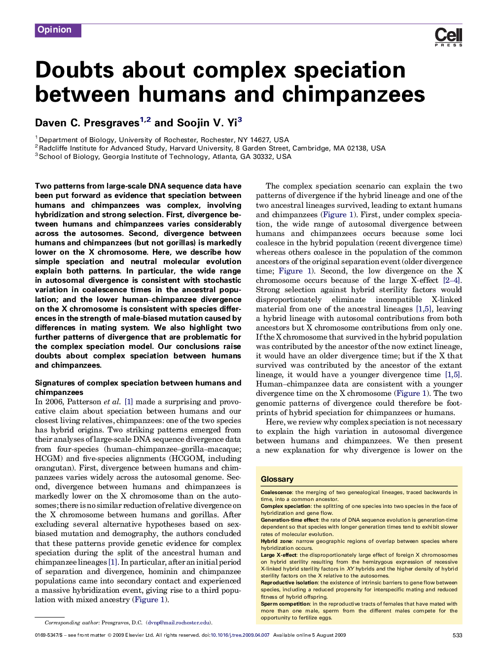 Doubts about complex speciation between humans and chimpanzees