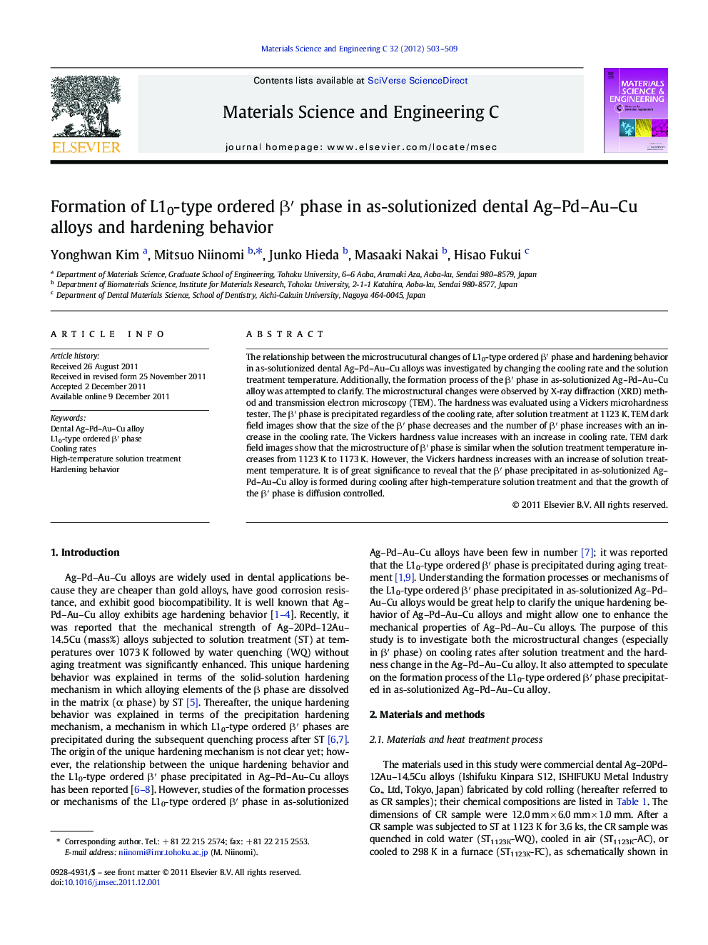 Formation of L10-type ordered β′ phase in as-solutionized dental Ag–Pd–Au–Cu alloys and hardening behavior