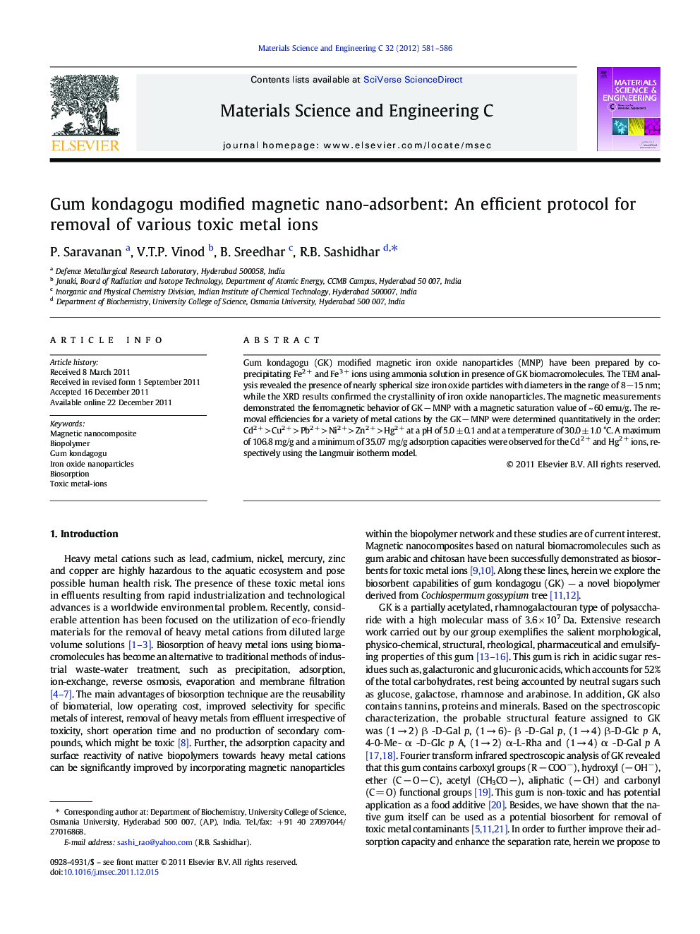 Gum kondagogu modified magnetic nano-adsorbent: An efficient protocol for removal of various toxic metal ions