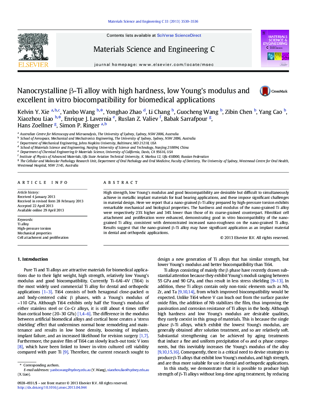 Nanocrystalline β-Ti alloy with high hardness, low Young's modulus and excellent in vitro biocompatibility for biomedical applications