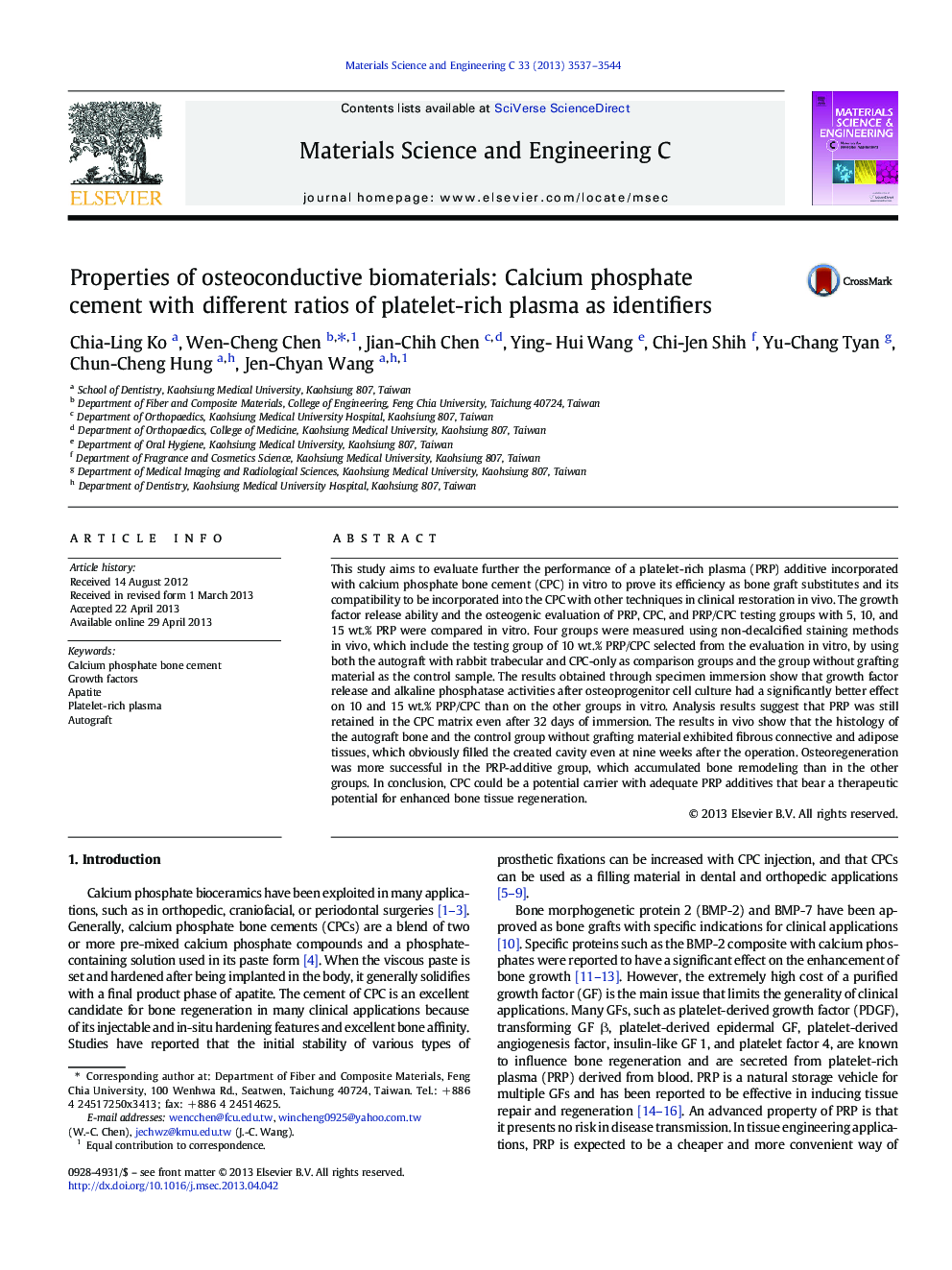 Properties of osteoconductive biomaterials: Calcium phosphate cement with different ratios of platelet-rich plasma as identifiers