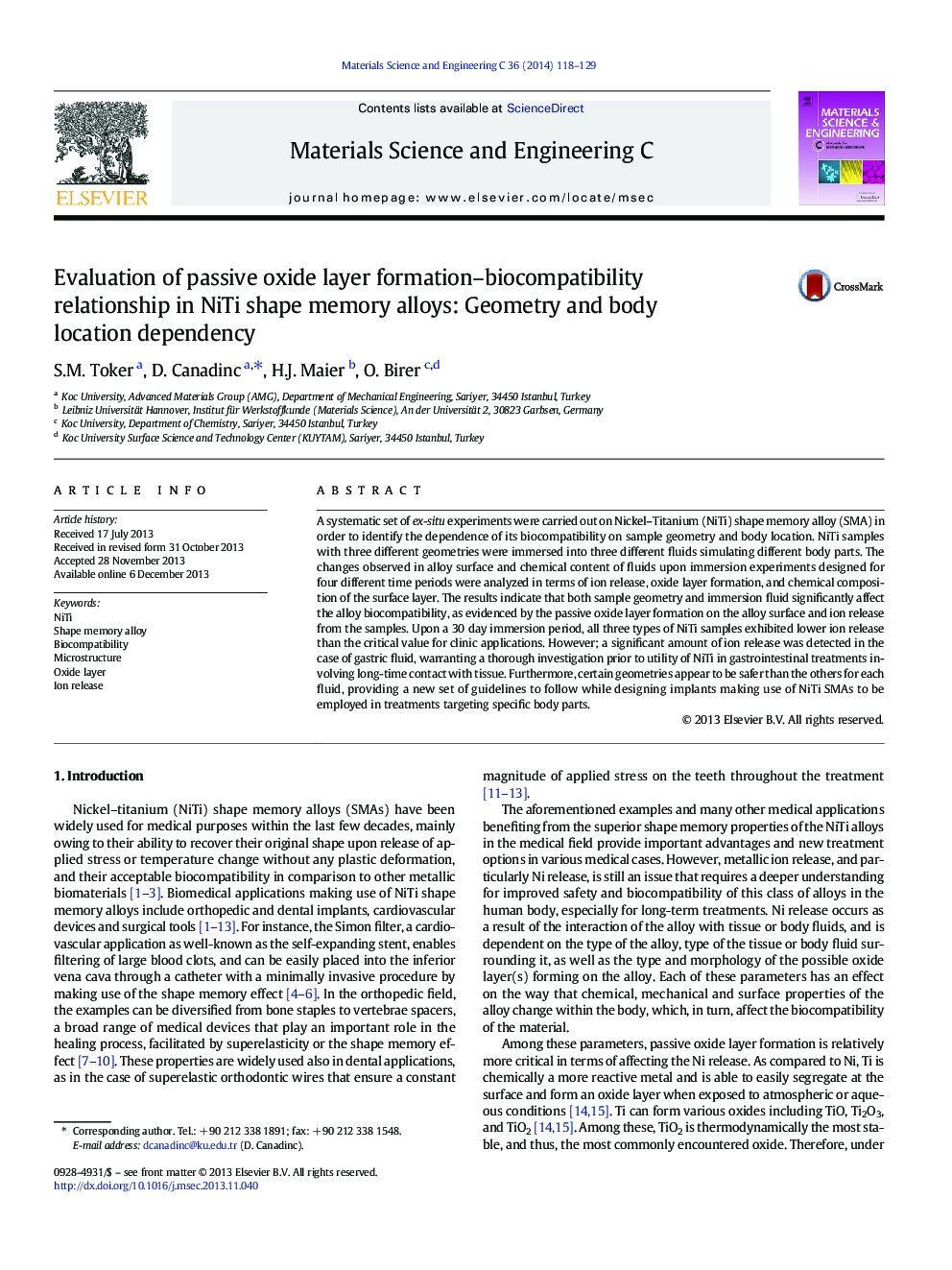 Evaluation of passive oxide layer formation–biocompatibility relationship in NiTi shape memory alloys: Geometry and body location dependency